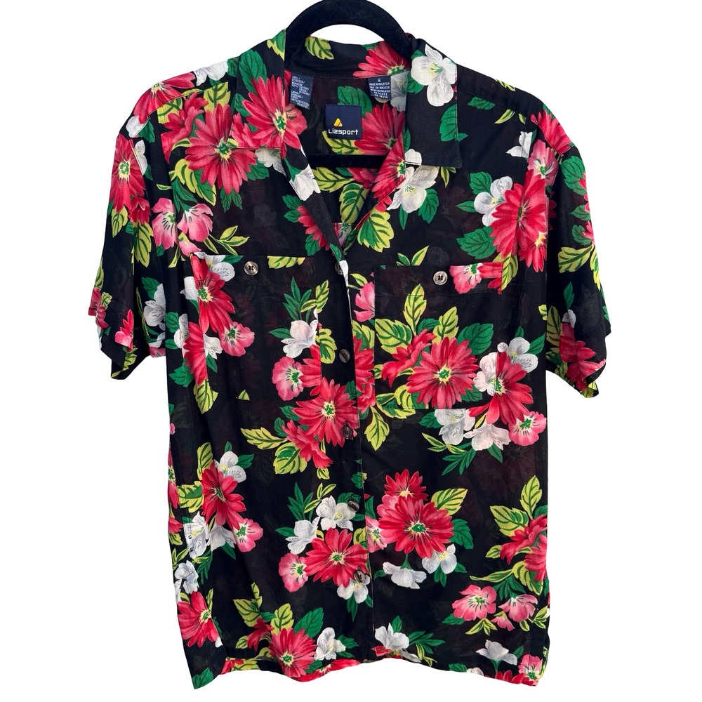 Lizsport Vintage Womens S Short Sleeve Button Up Tropical Floral Shirt Black Red
